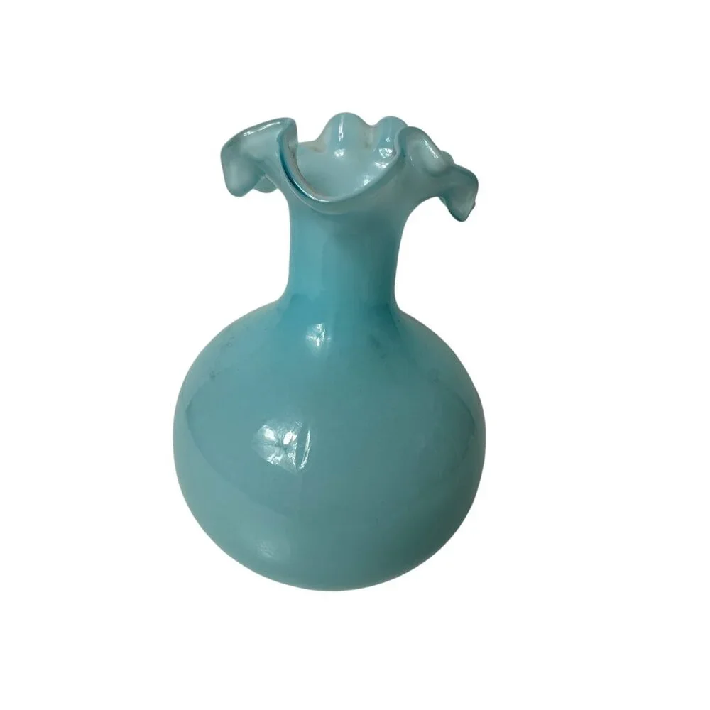 Ruffled Rim Pitcher Baby Blue Glass Handle Vintage